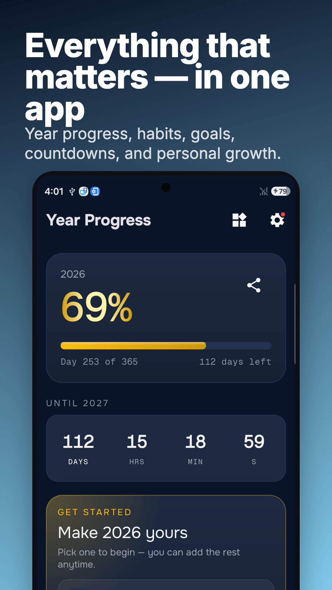 Year Progress dashboard with year percentage, time left and a goal prompt.