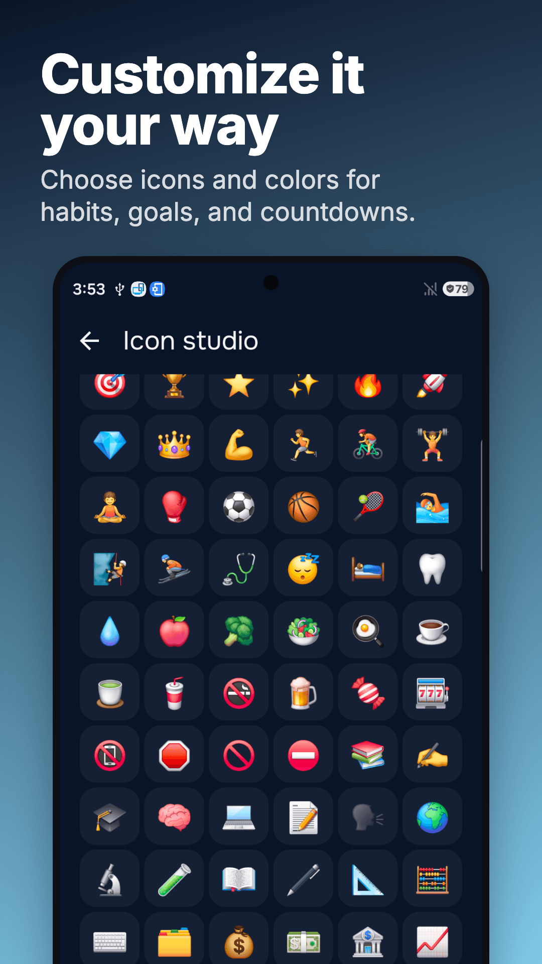 The icon picker for personalizing habits, goals and countdowns.