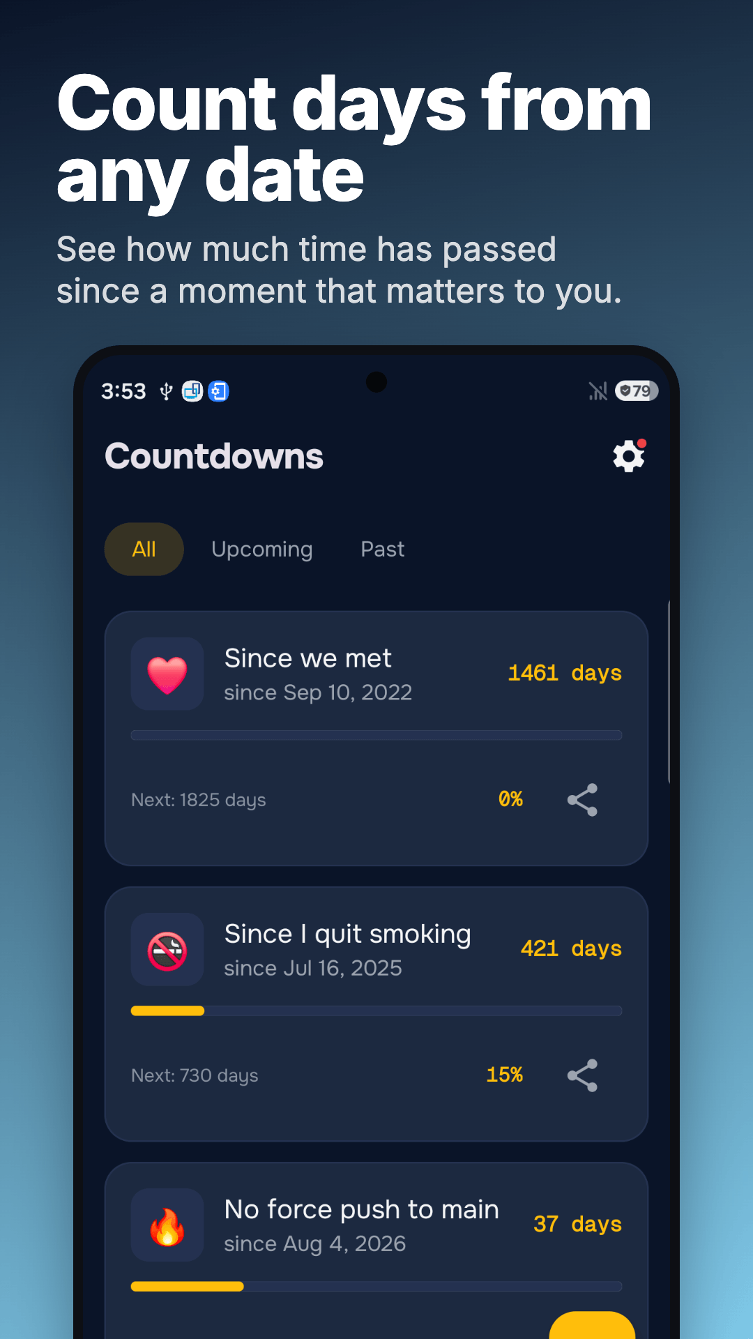 Elapsed-day counters for past dates and personal milestones.