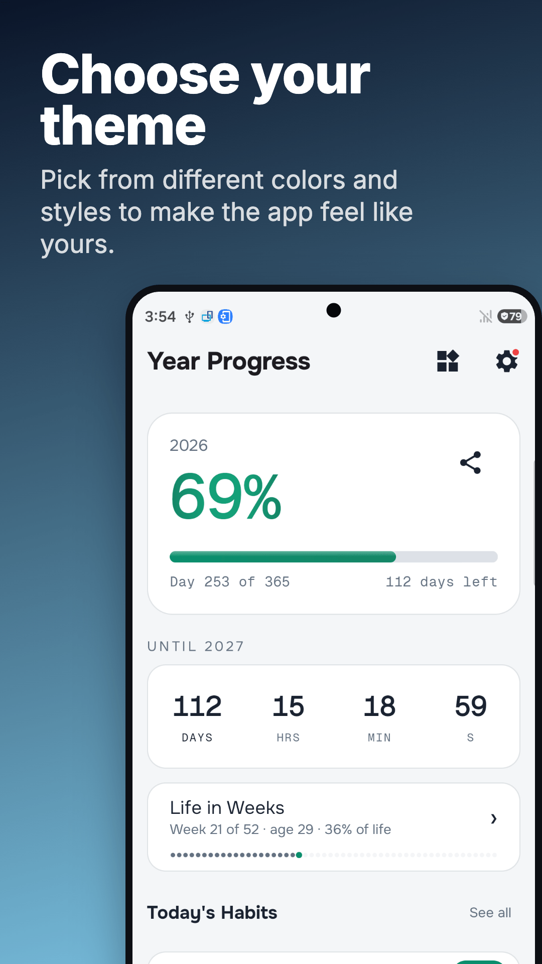 Year Progress in the light theme, showing the year percentage and Life in Weeks.