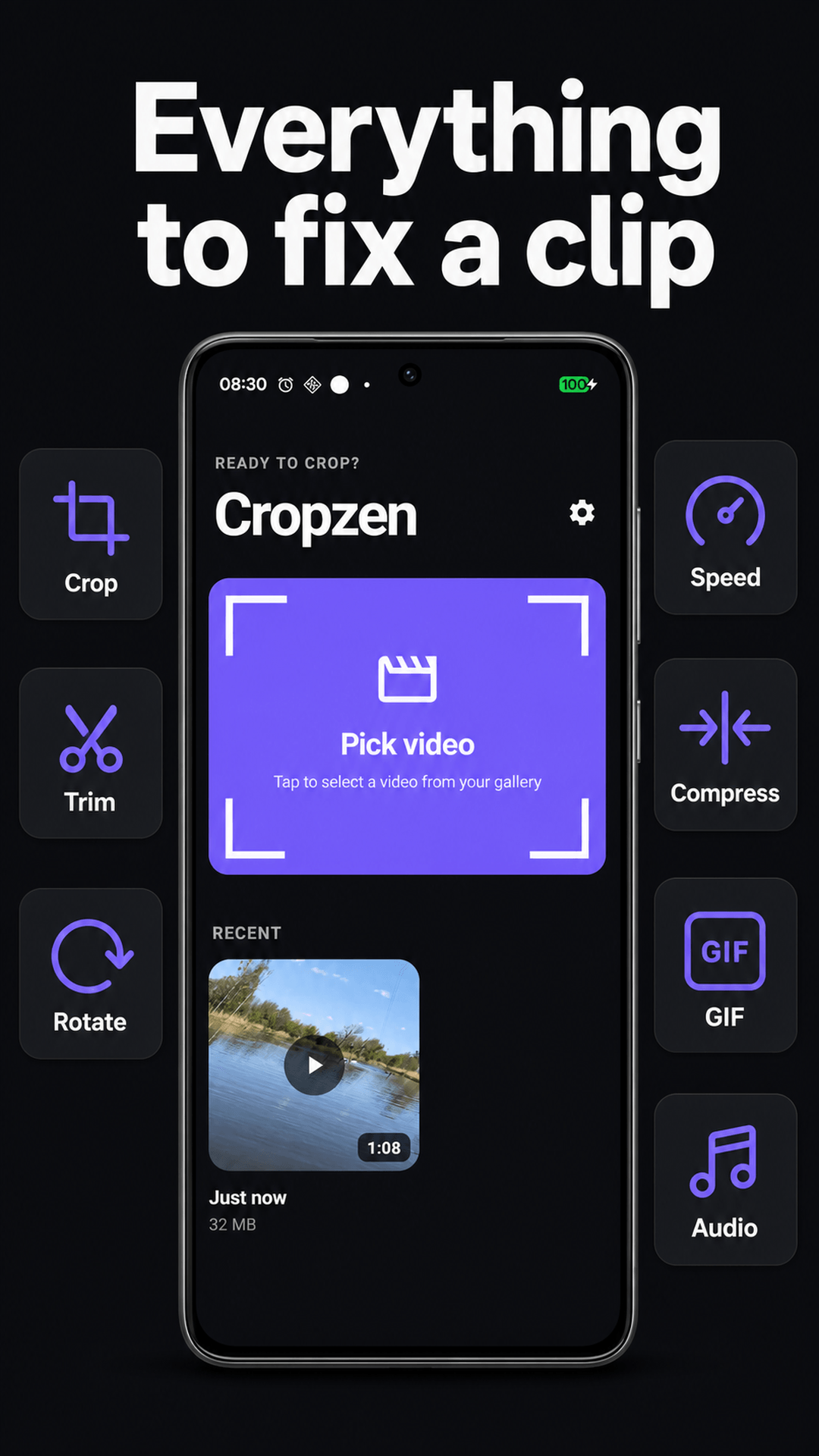 Cropzen home screen offers crop, trim, rotate, speed, compress, GIF and audio tools.