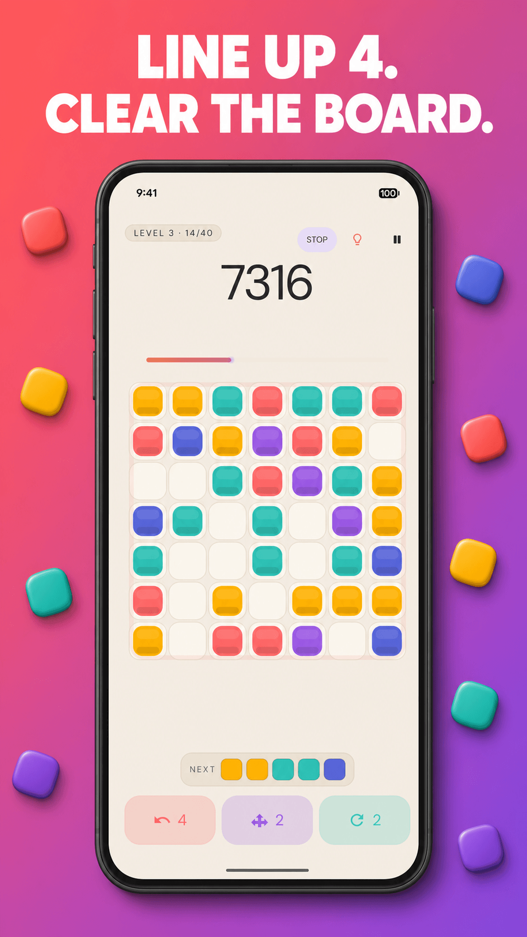 A Color Lines board with colored blocks and a score, showing lines of four to clear.