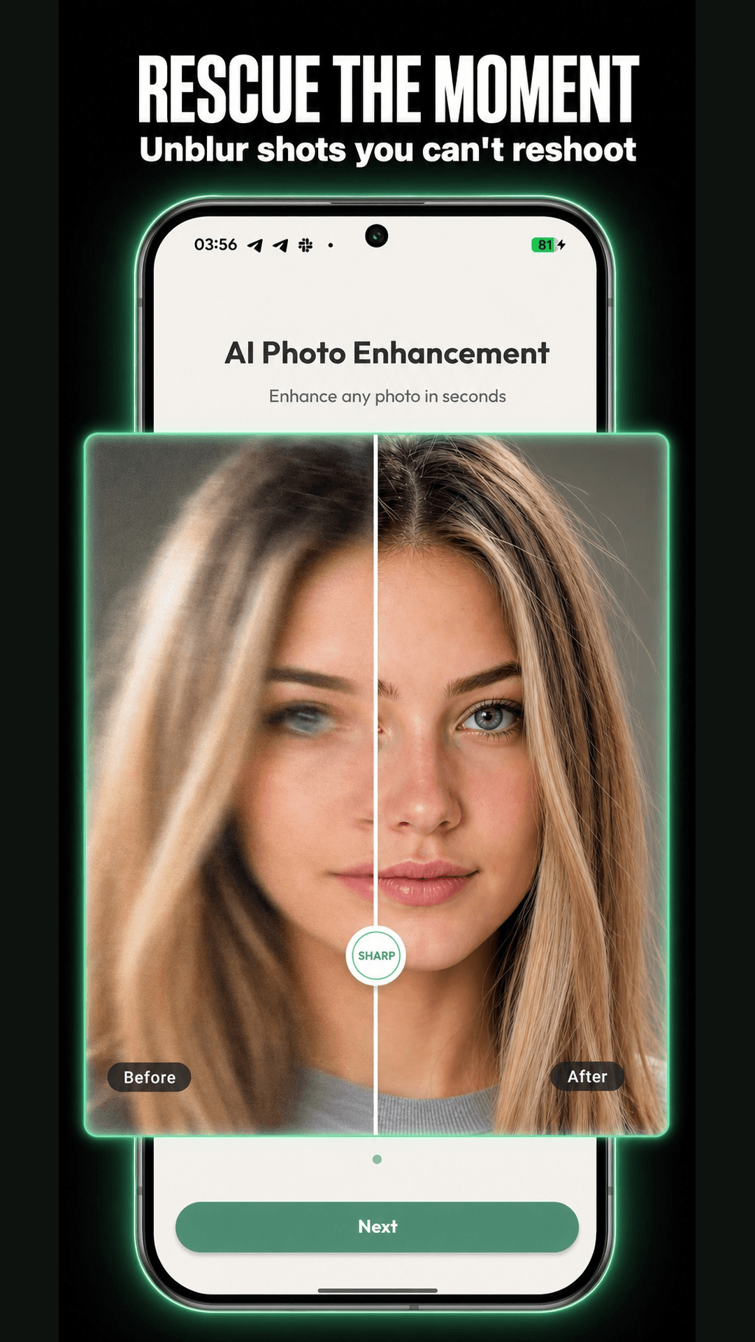 Zuriva before-and-after slider compares a soft portrait with an enhanced result.