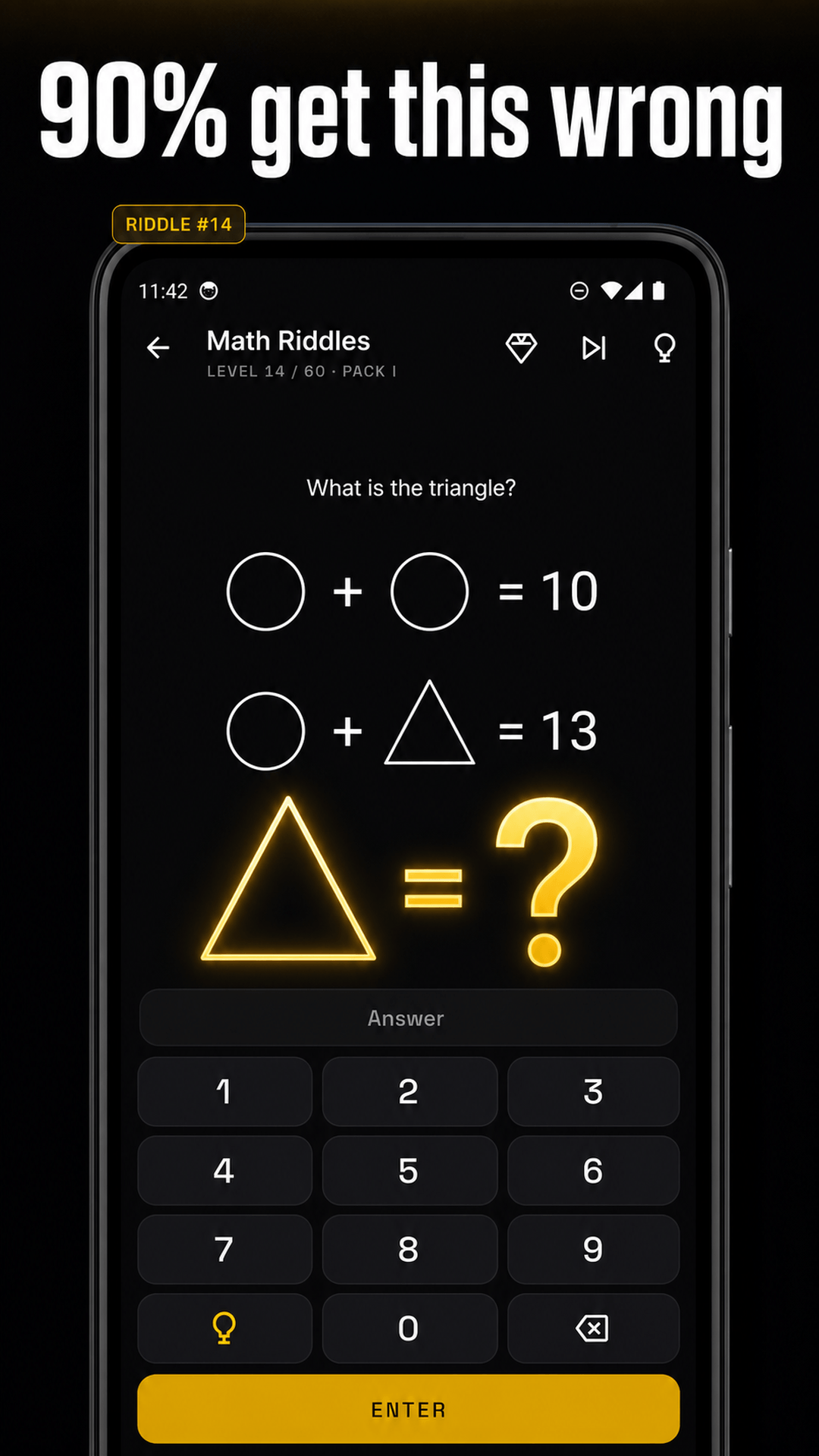 A shape-equation riddle asks the player to work out the value of a triangle.