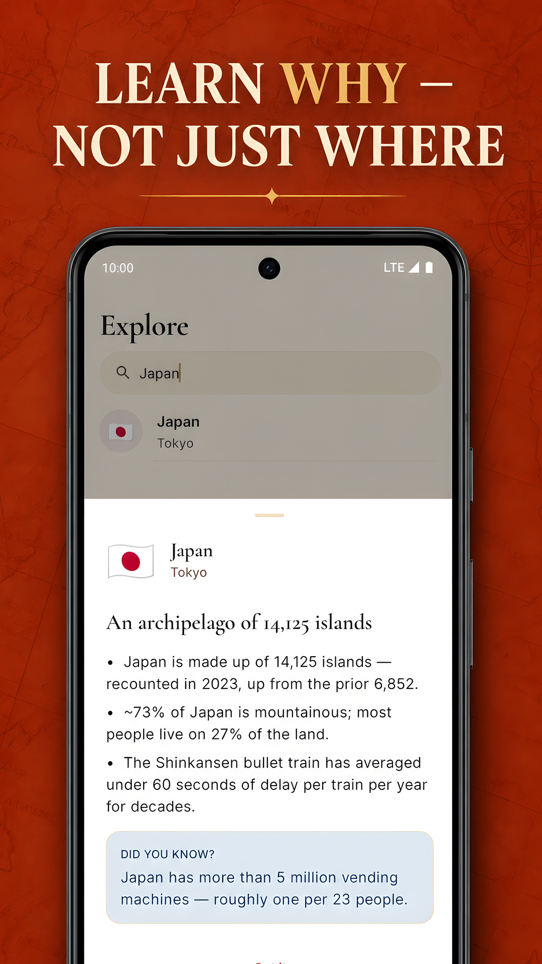 An answer explanation gives country facts alongside the map.