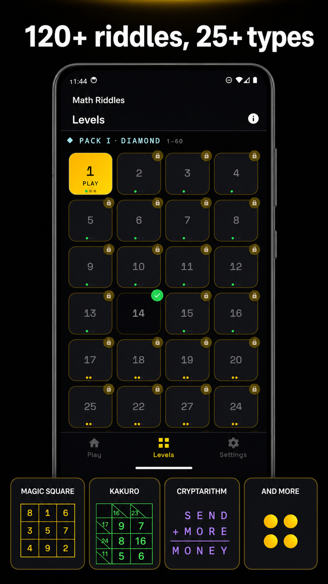 Math Riddles level library displays puzzle packs and different puzzle types.