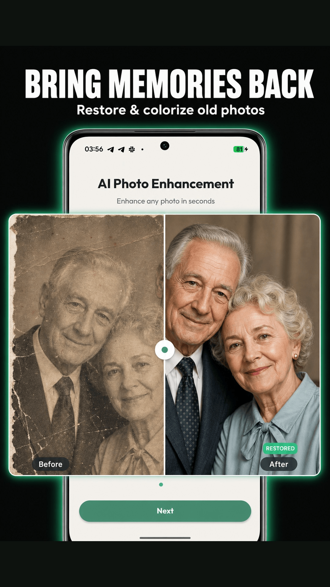 An old-photo example compares a faded image with a restored and colorized interpretation.