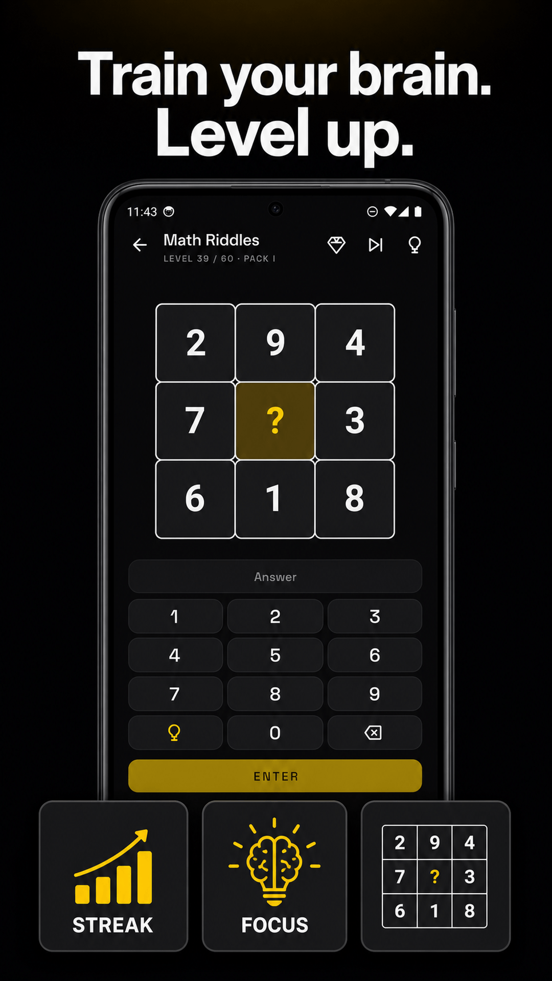 A number-grid puzzle with a missing value and numeric answer keypad.
