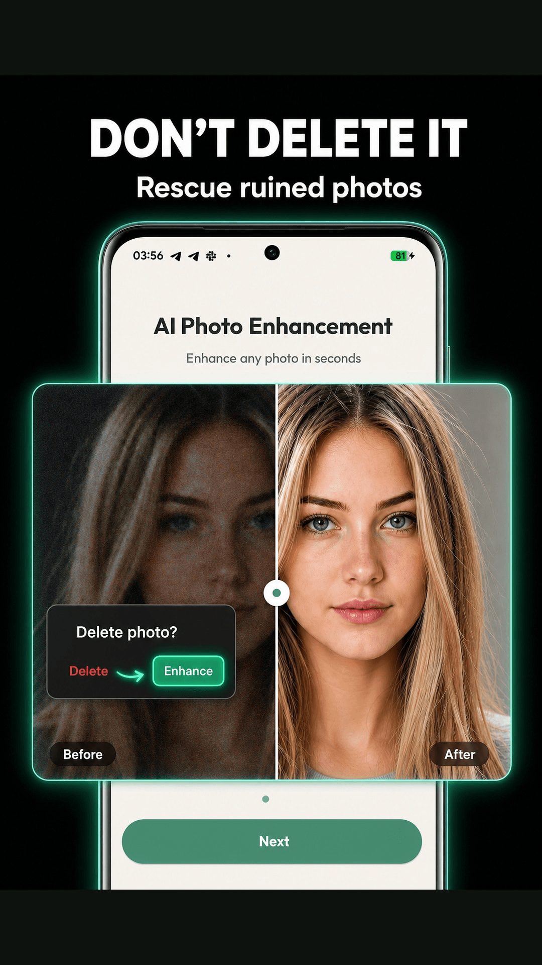 A photo rescue example shows a before-and-after portrait comparison.