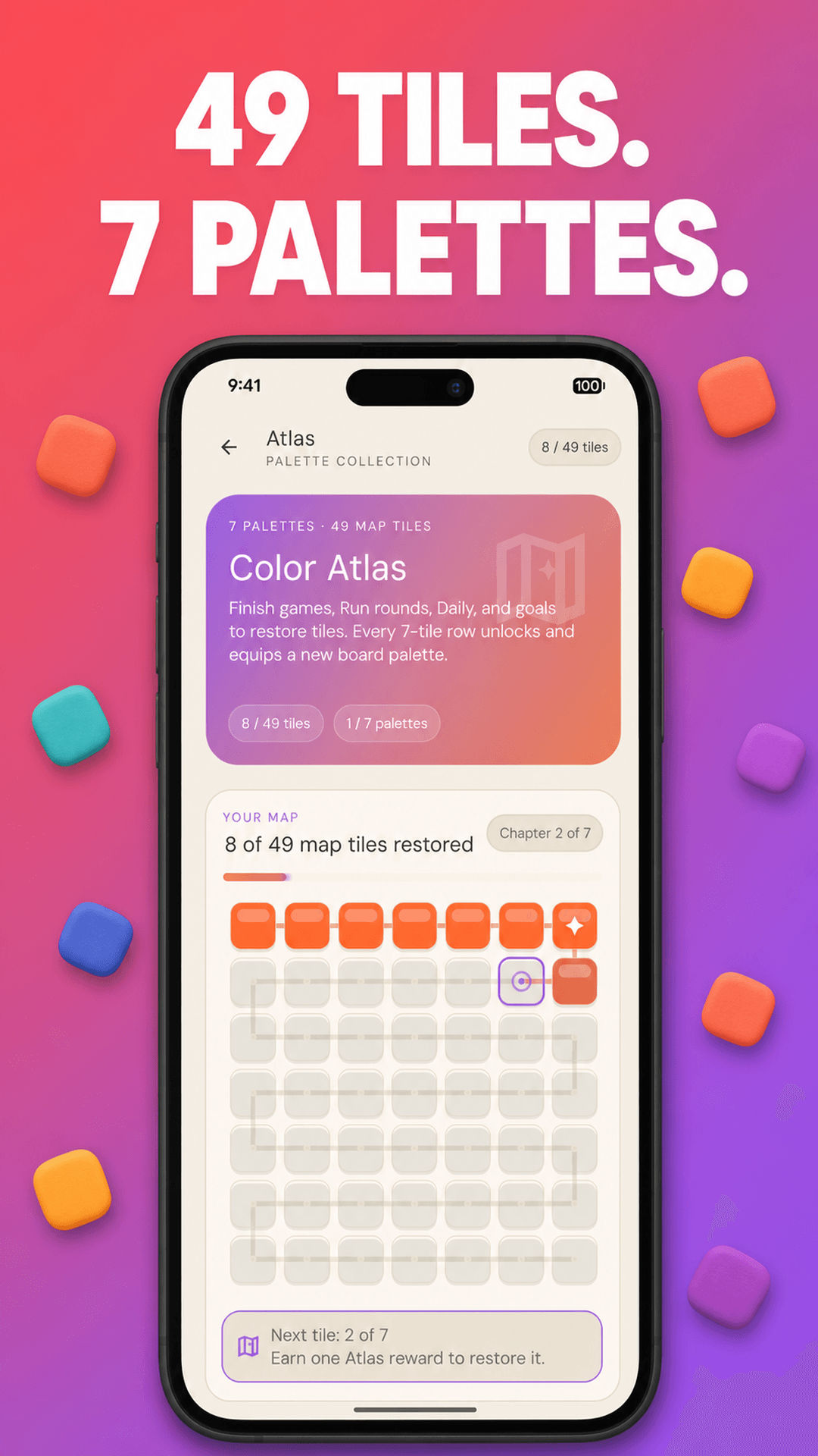 The Color Atlas shows unlockable tiles and block palettes.