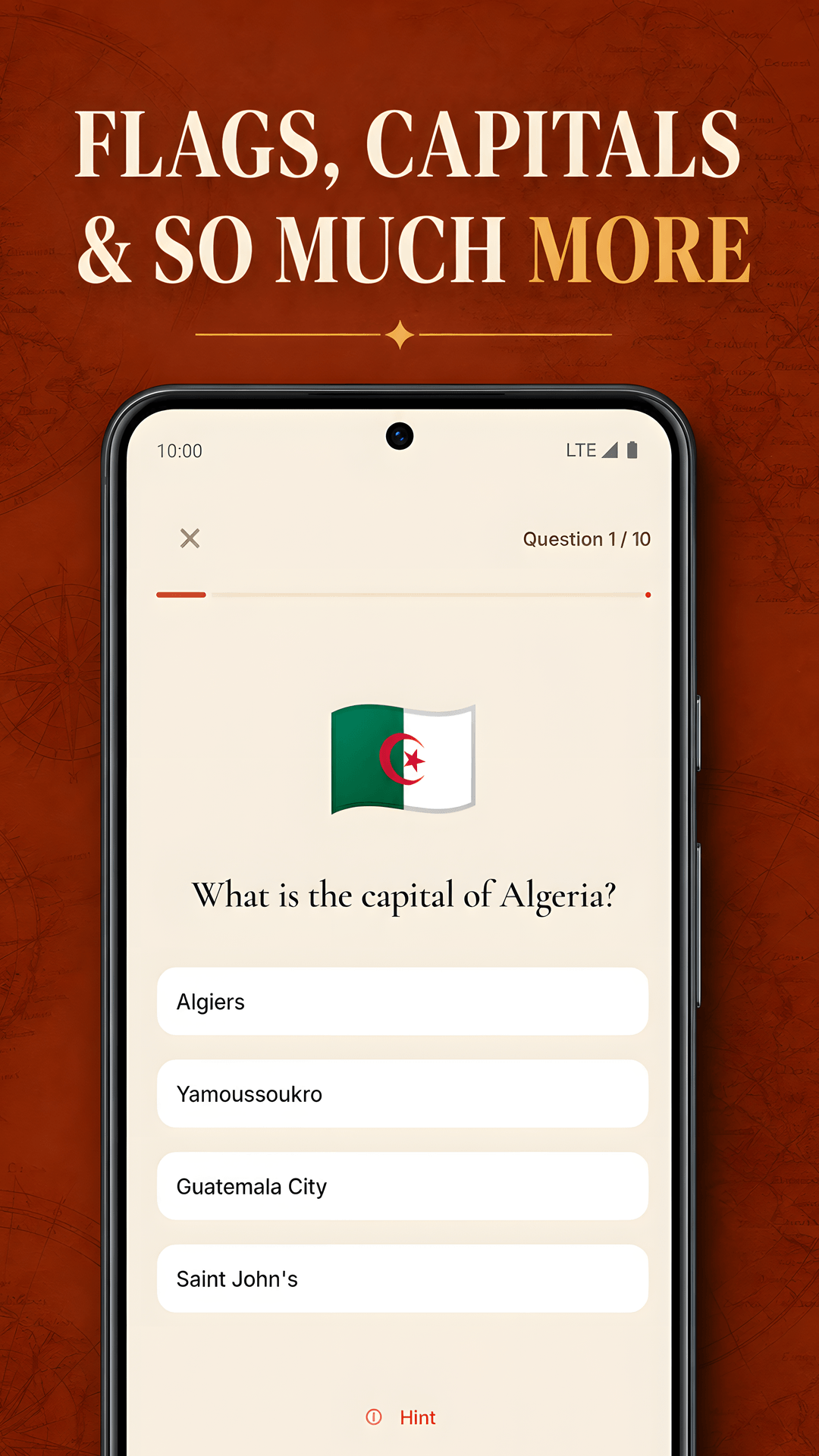 A capitals question asks the player to identify the capital of Algeria.