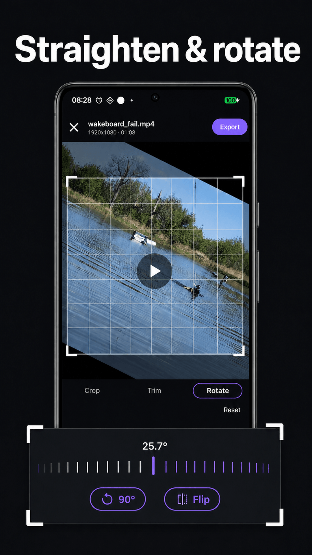 A rotation wheel straightens a video preview.