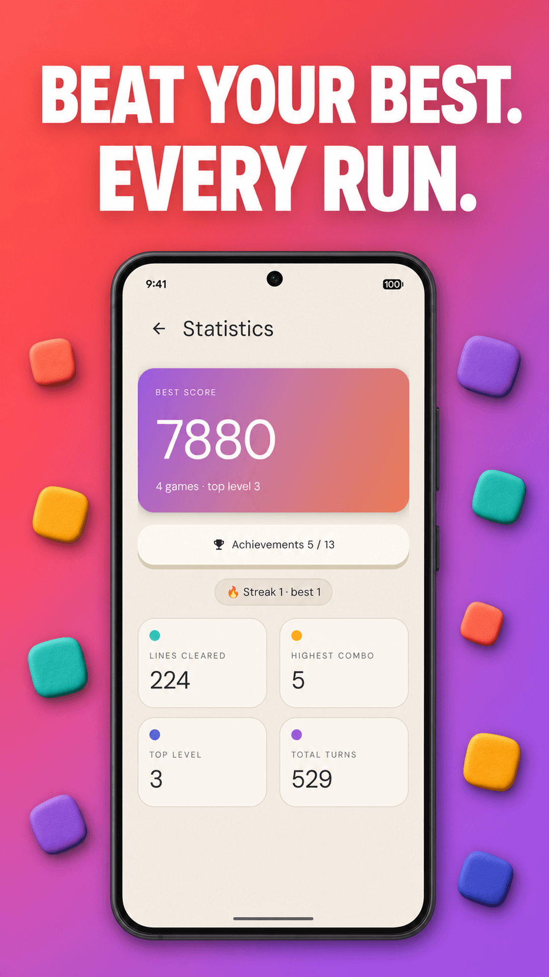 Color Lines statistics show the best score, highest combo and cleared lines.