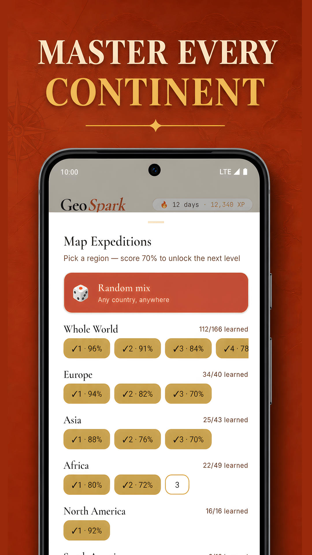 The expeditions screen tracks quiz progress by continent.