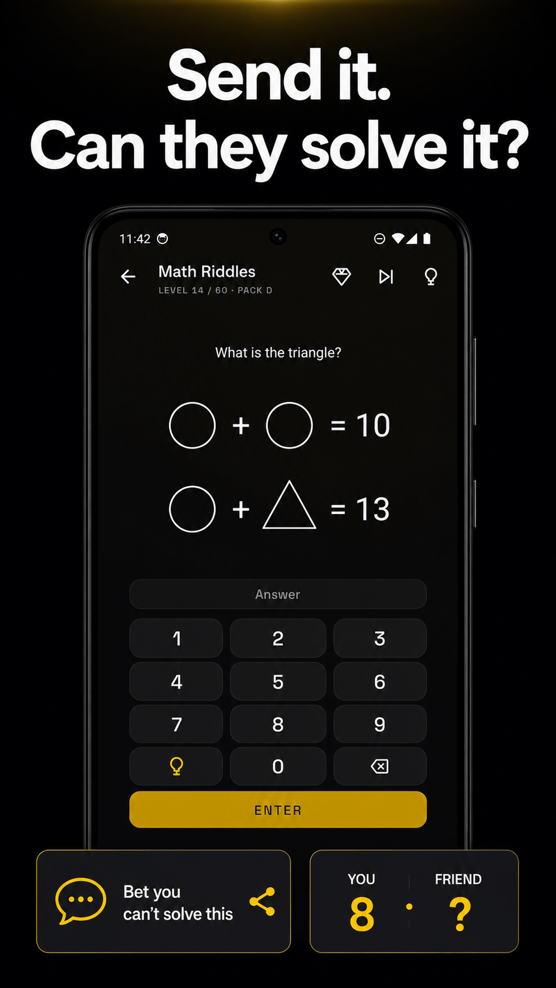 A shareable shape-equation puzzle invites a friend to solve the same challenge.