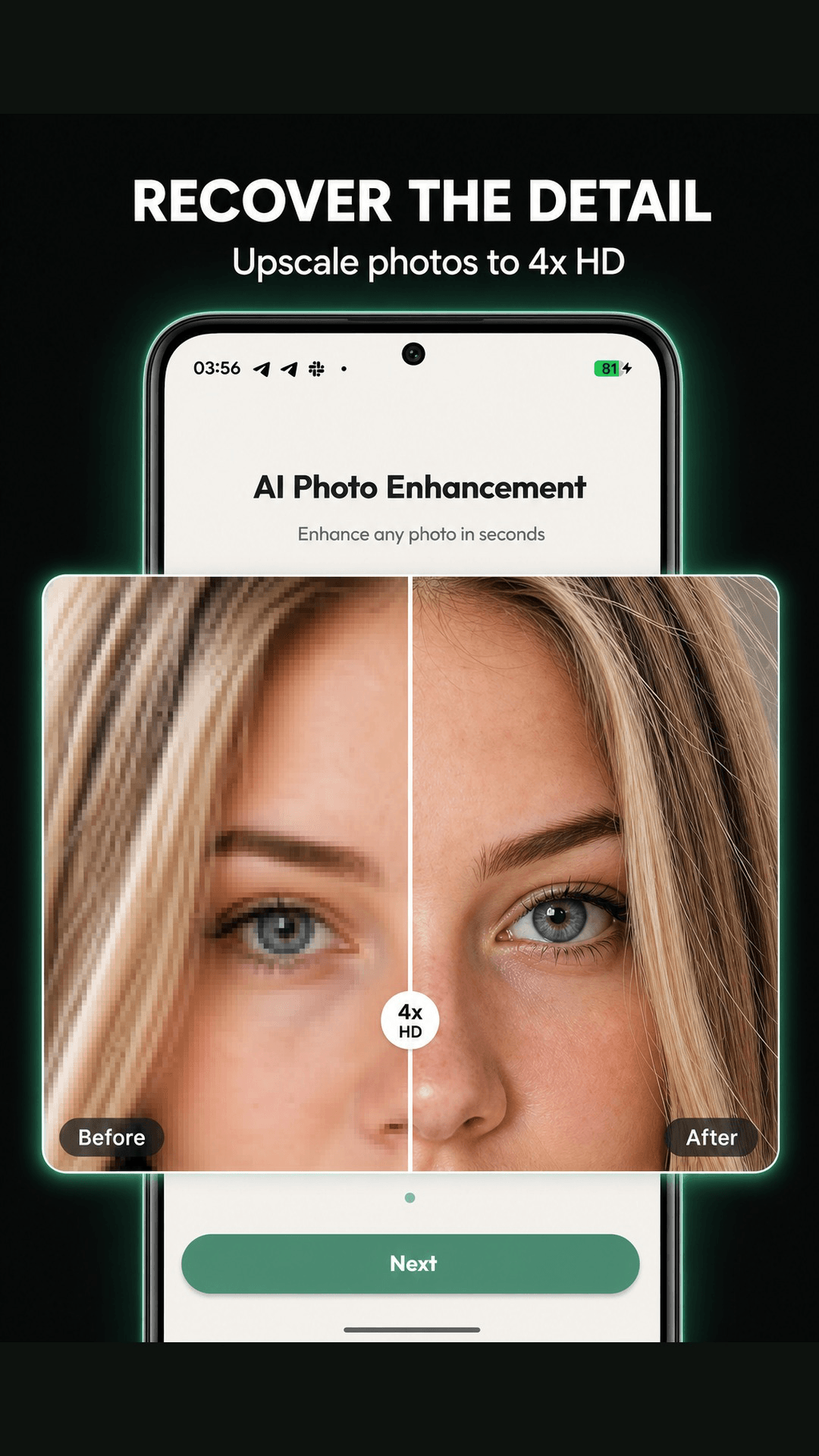 An upscale example compares portrait detail before and after enhancement.