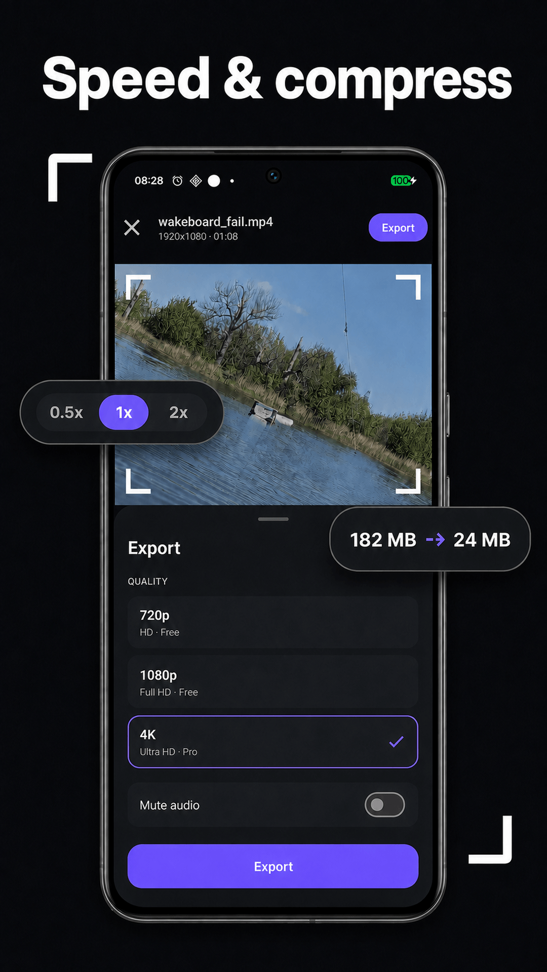 Video speed and compression controls show playback speeds and export settings.