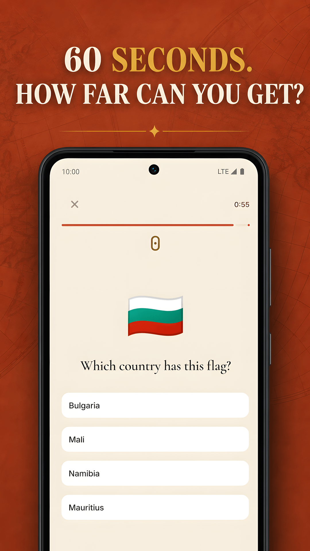 A timed Blitz round asks the player to recognize the flag of Brazil.
