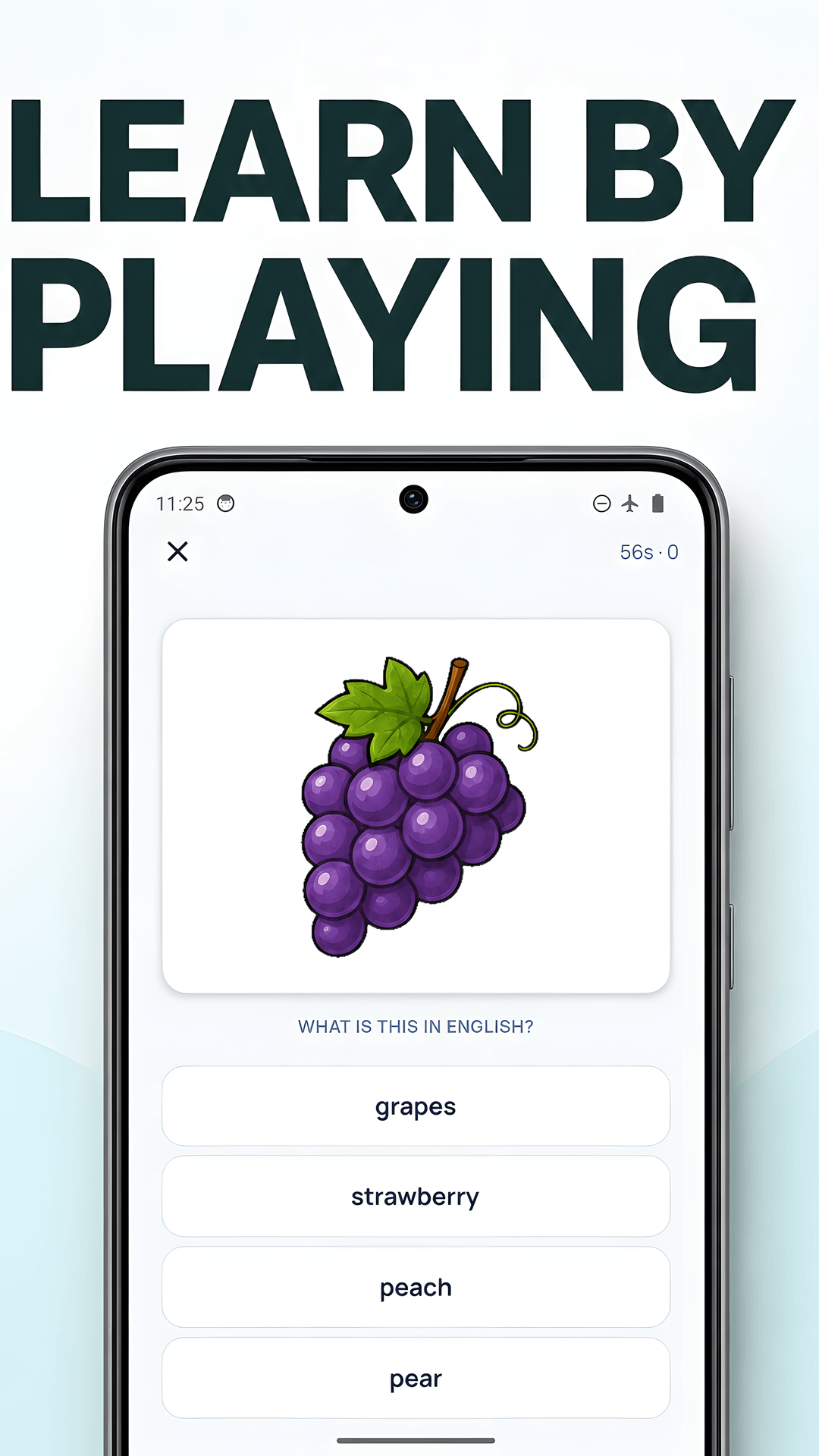A picture quiz asks the learner to identify grapes from four words.