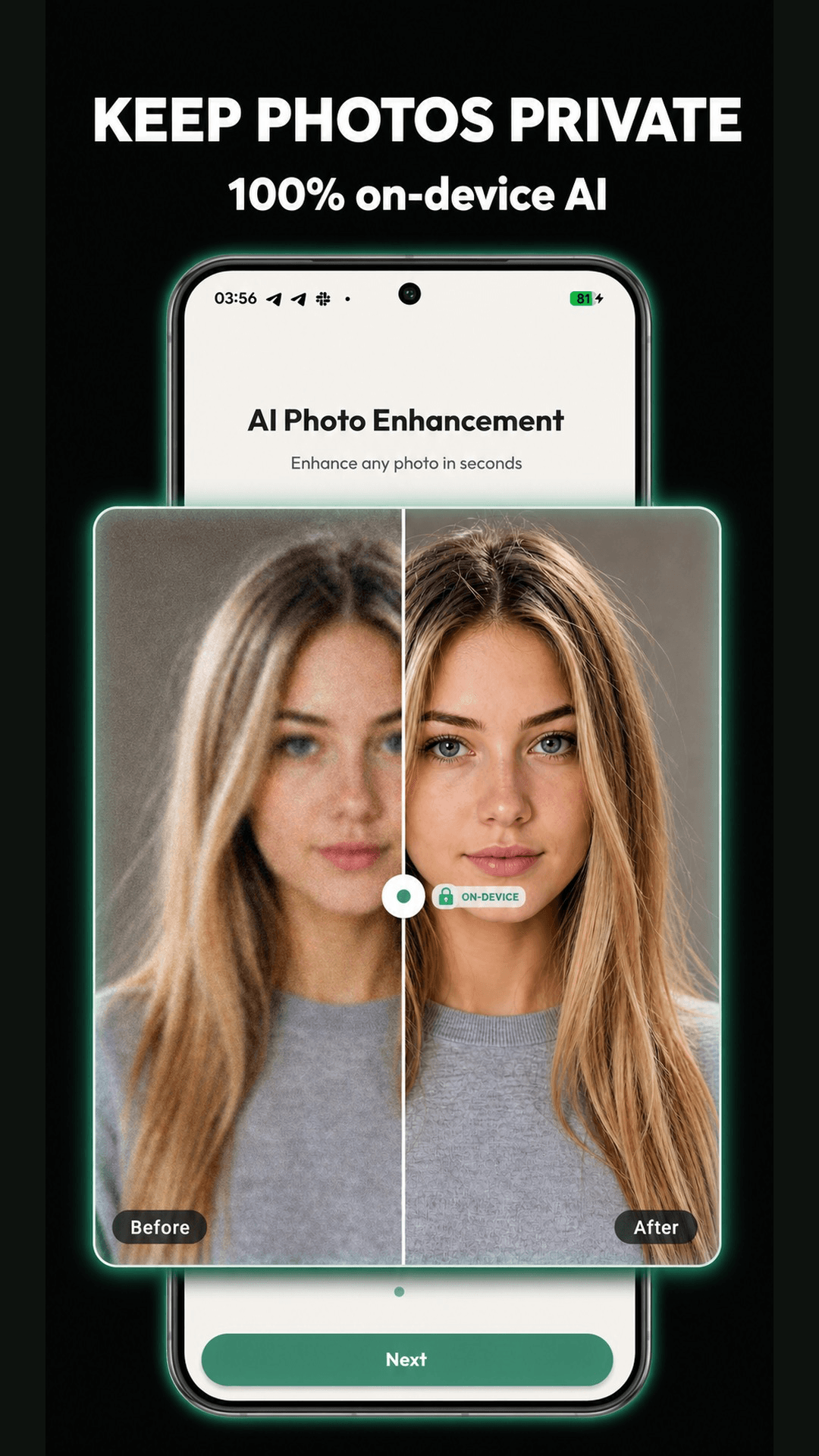 A portrait enhancement example highlights on-device photo processing.