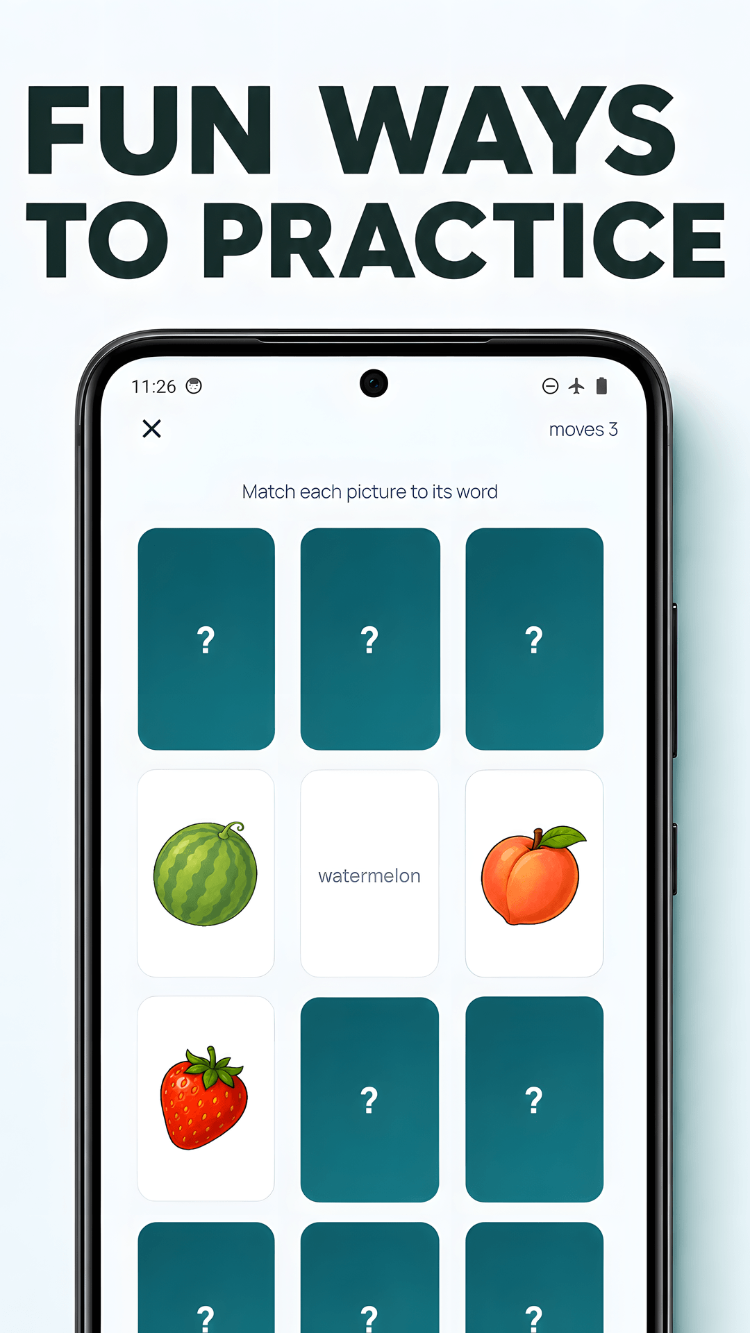 Memory Match asks the learner to pair vocabulary pictures.