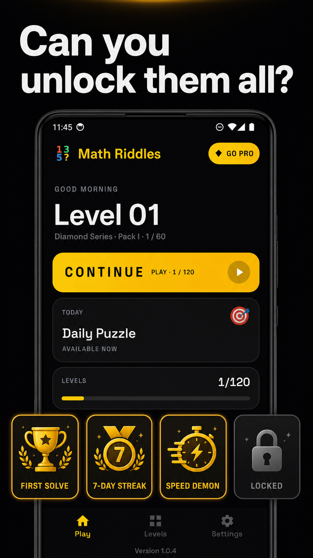 Math Riddles home screen shows the current level, daily puzzle and achievements.