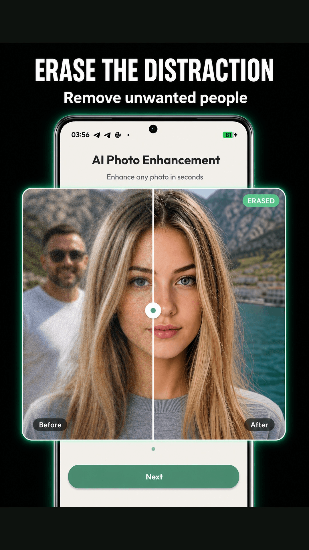 Object Eraser example shows an unwanted person removed from the background.