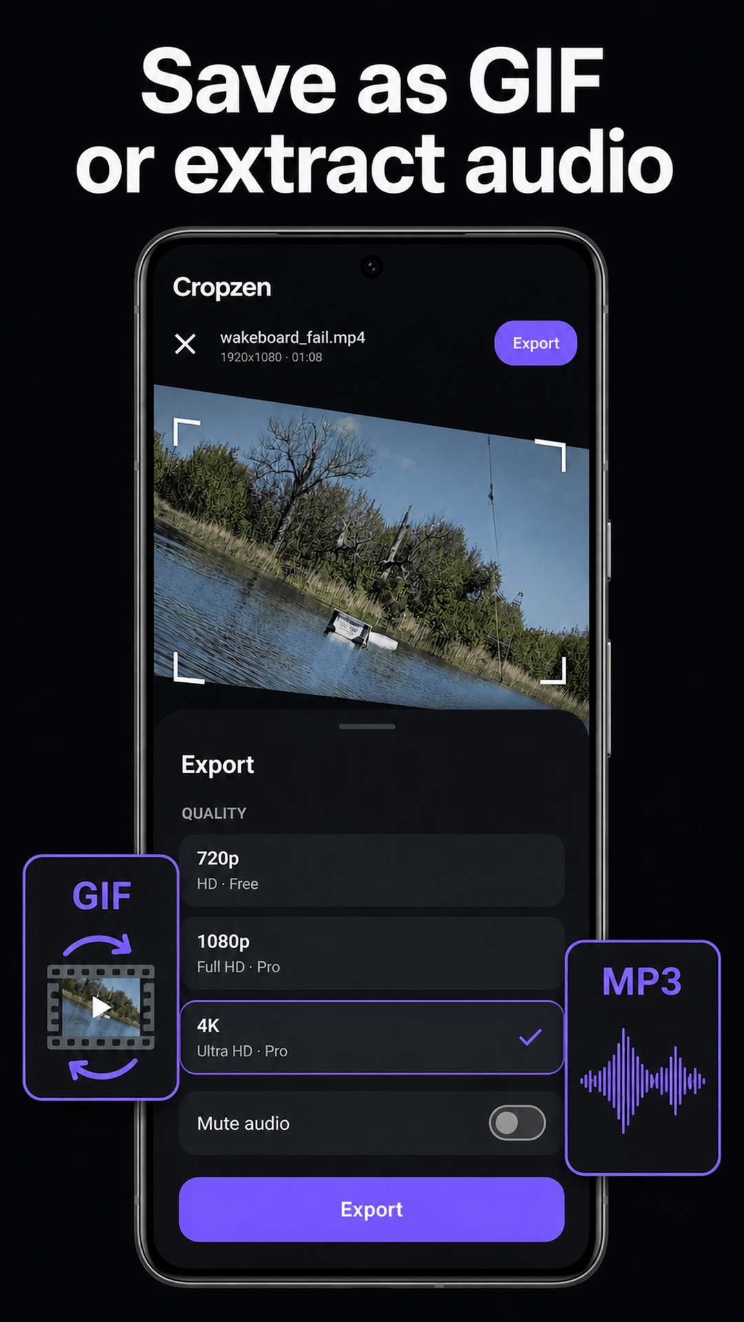 Cropzen export tools offer GIF creation and audio extraction.