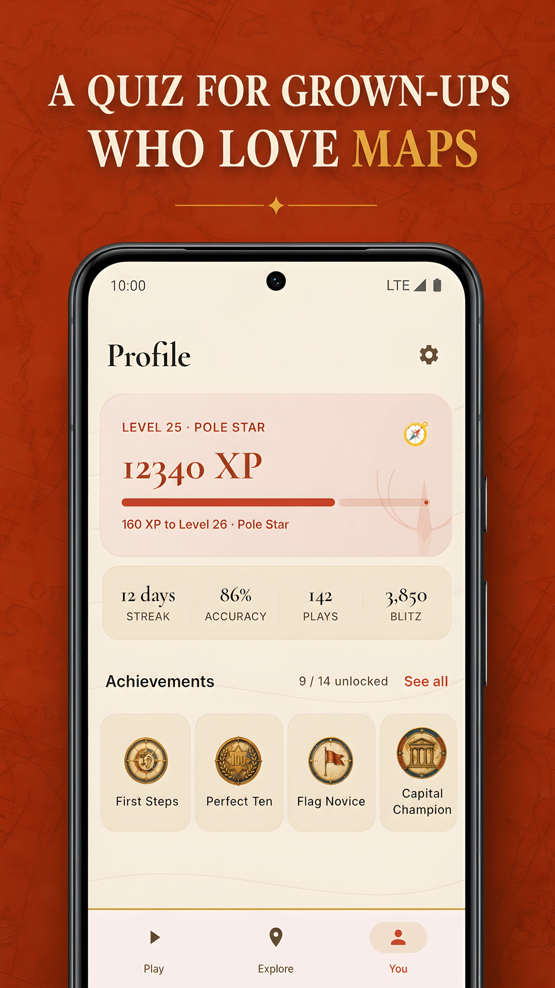 GeoSpark profile shows XP, quiz statistics and achievements.