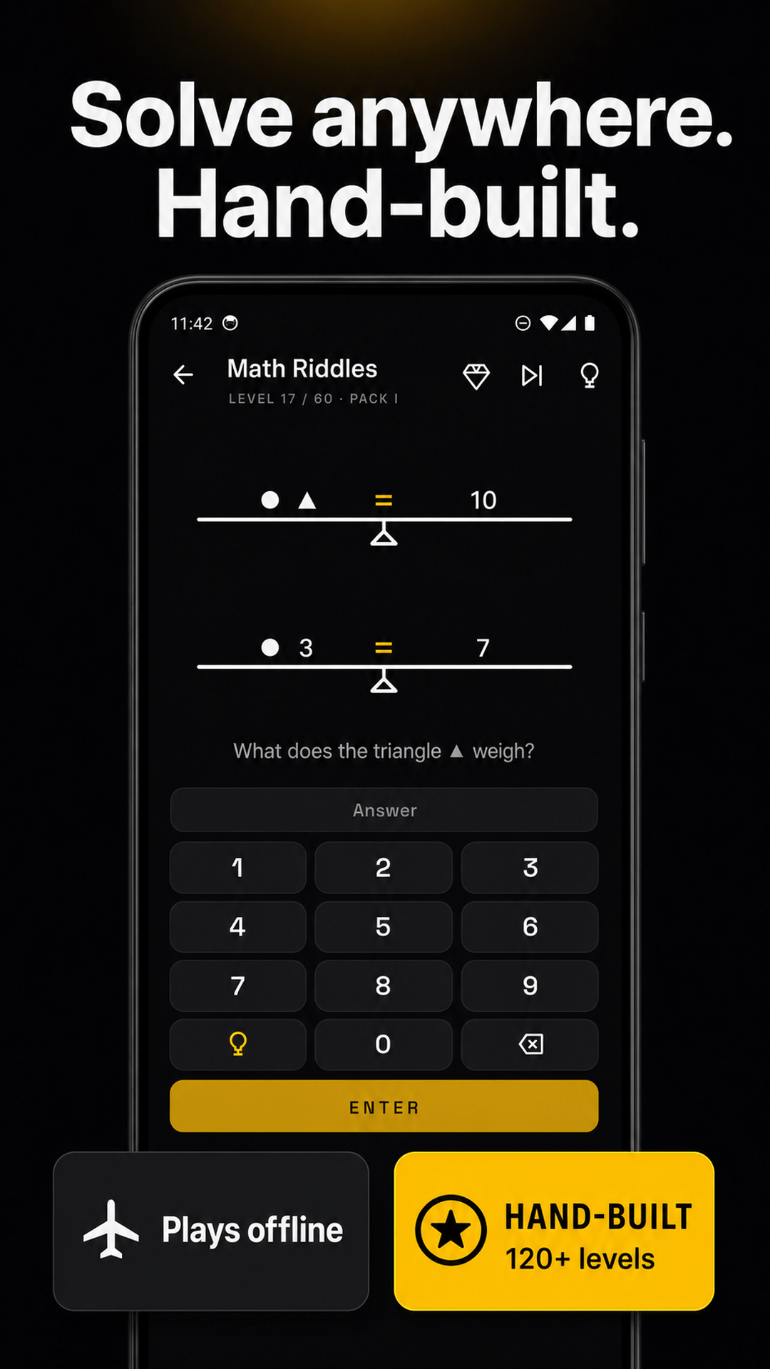 A balance-scale logic puzzle presented for offline play.