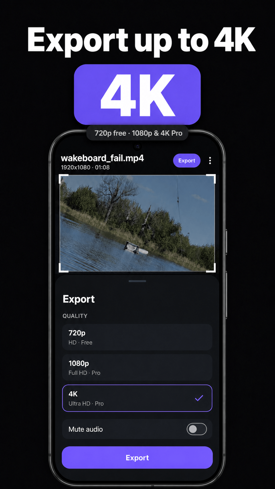 Video export settings include a 4K option.