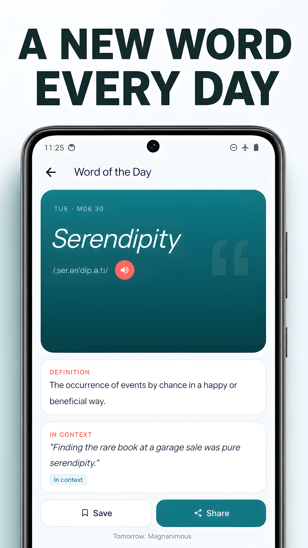 Word of the Day presents serendipity with its definition and example.
