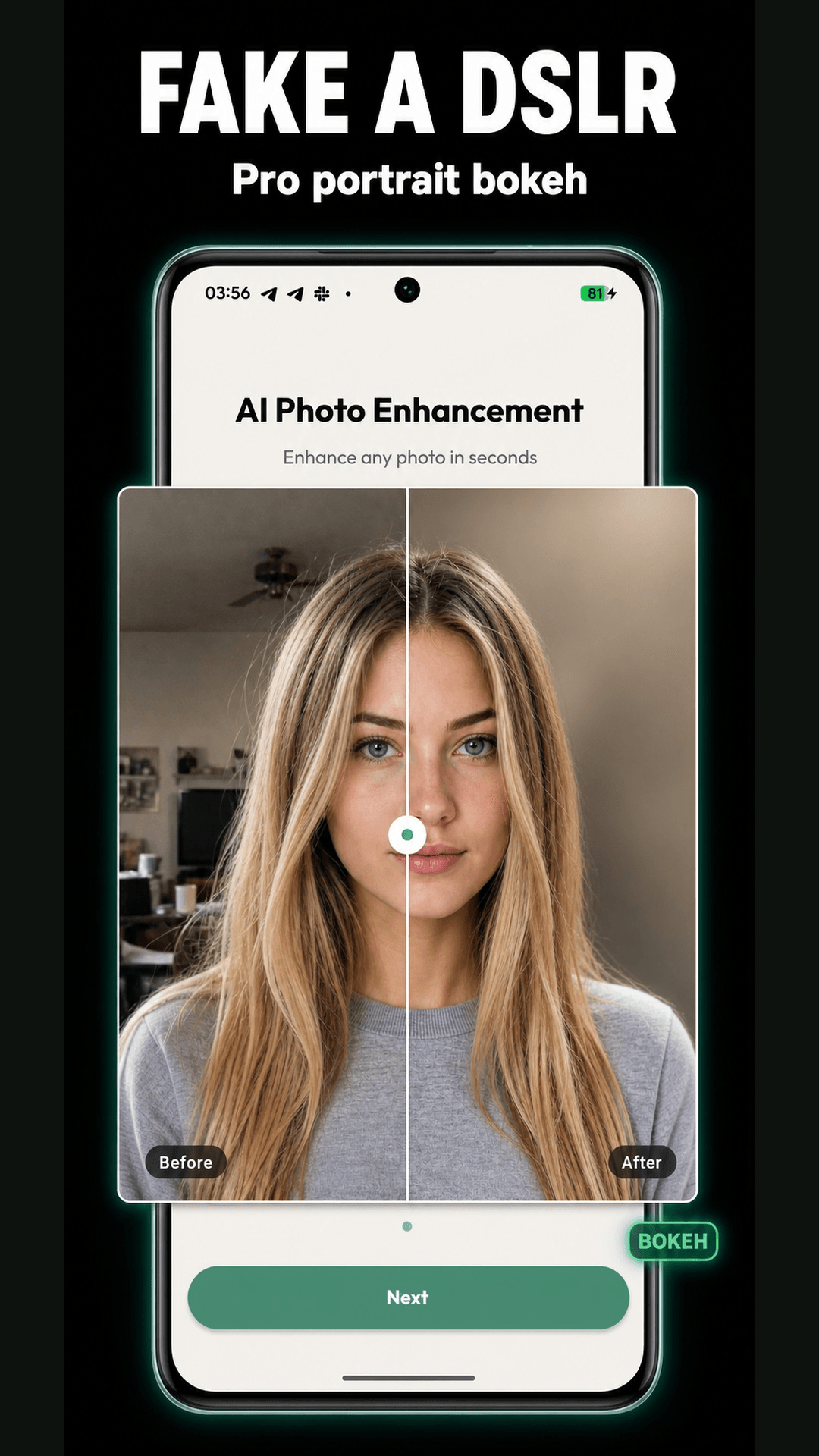 Portrait editing example shows background blur behind the subject.