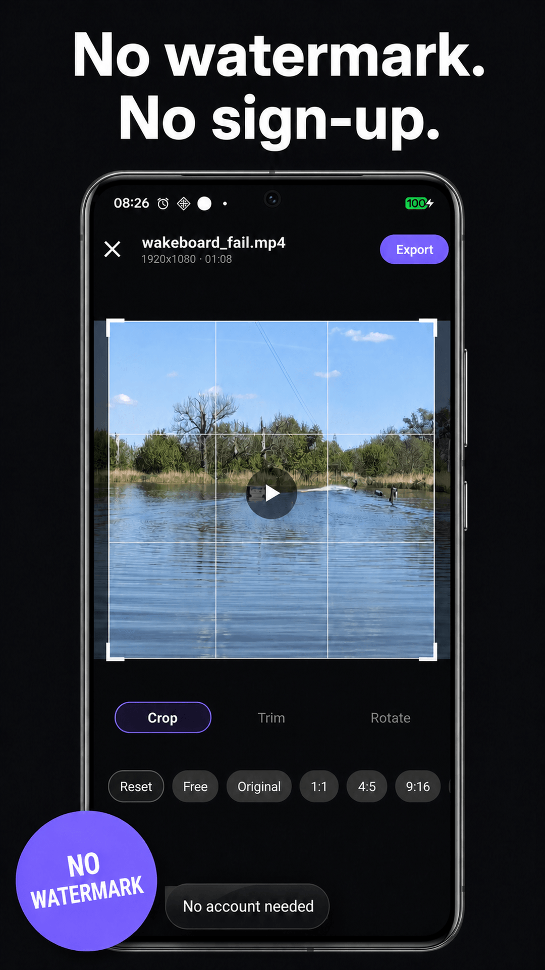 A finished video preview highlights export without a watermark or account.