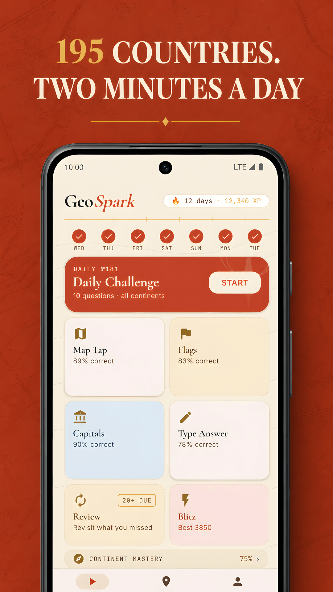 GeoSpark home screen offers a Daily Challenge, map quiz, flag quiz and capitals practice.